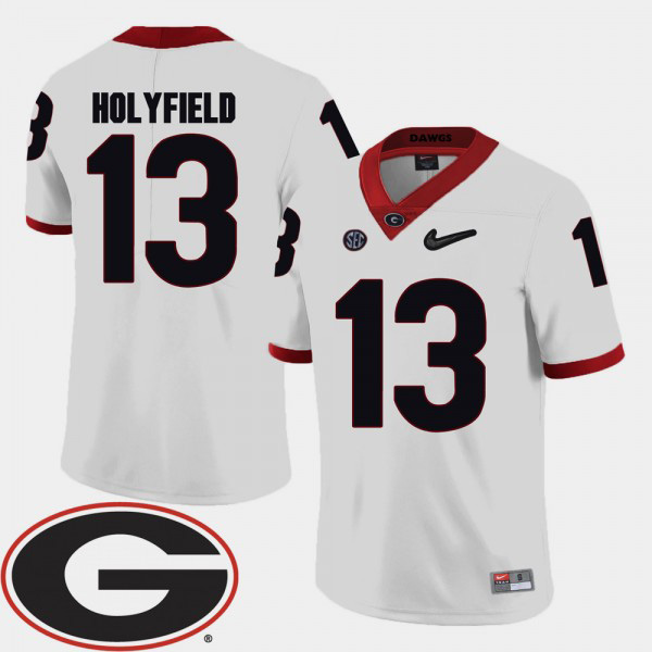 Men's #13 Elijah Holyfield Georgia Bulldogs College Football 2018 SEC Patch Jersey - White